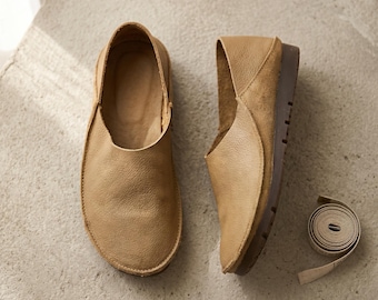 Handgefertigte minimalistische Leder Wohnungen, Vintage Runde Zehe Slip On, weiche Rindsleder Loafers für Arbeit und Reisen, Boho Alltagsschuhe Damen