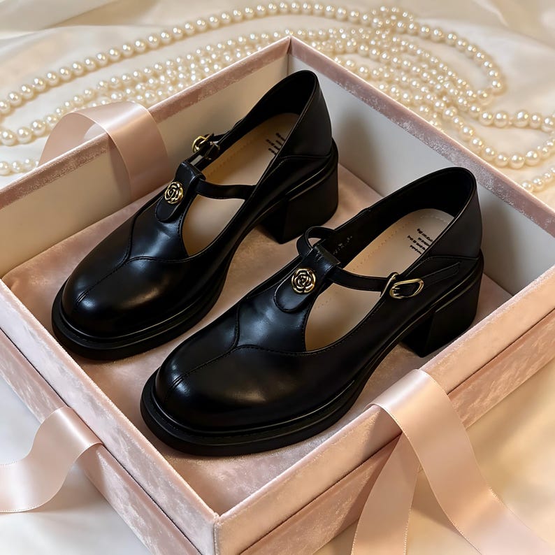 K&ouml;nnte beinhalten: Ein Paar schwarze Mary Jane-Schuhe aus Leder mit Plateau-Sohle und Blockabsatz. Die Schuhe haben eine goldfarbene Schnalle und ein dekoratives goldenes Emblem am Riemen. Die Schuhe werden in einer rosa Schachtel mit einem Satinband pr&auml;sentiert.