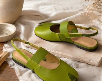 Olive Green Leather Slingback Flats | Square Toe Peep Toe Handmade Women's Shoes
