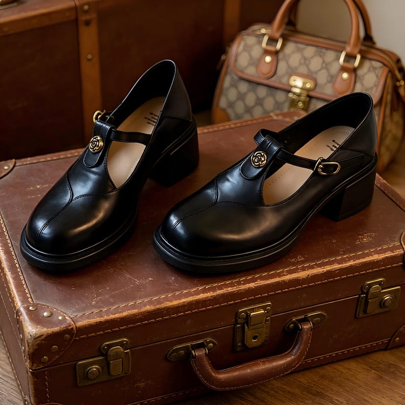 K&ouml;nnte beinhalten: Schwarze Mary Jane-Schuhe aus Leder mit T-Riemen und goldfarbenem Emblem. Die Schuhe haben einen klobigen Absatz und eine runde Spitze. Die Schuhe werden auf einem Vintage-Koffer in Braun pr&auml;sentiert.