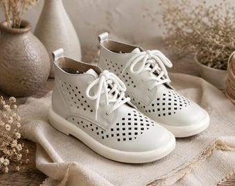 Handmade White Leather Ankle Boots, Perforated Lace Up Flats, Genuine Cowhide Cutout Booties for Women Work Travel Party Shoes Gift Her