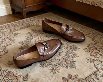 Handmade Brown Genuine Leather Loafers for Women, Sheepskin Lined Flat Shoes, Silver Buckle Slip Comfortable Casual Dress Shoes