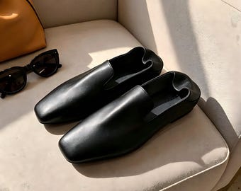 Vintage Leather Loafers Women Soft Slip On Flats Minimalist Square Toe Shoes Handmade Cowhide Lambskin Office Travel Shoes