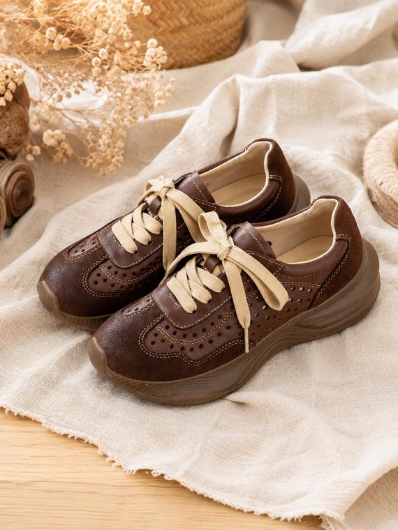 Brown Leather Sneakers Women Perforated Leather Walking Shoes Handmade Comfort Casual Shoes Vintage Style Everyday Travel Shoes Gift for Her
