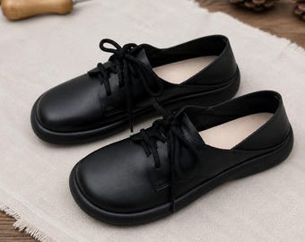 Black Leather Lace Up Flats for Women, Soft Sole Walking Shoes, Comfortable Genuine Leather Oxford Flats for Office Travel