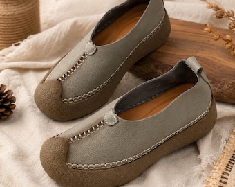 Handmade Leather Flats Women Soft Slip On Shoes Full Grain Cow Leather Minimalist Flat Shoes Comfortable Travel Shoes Everyday Work Shoes