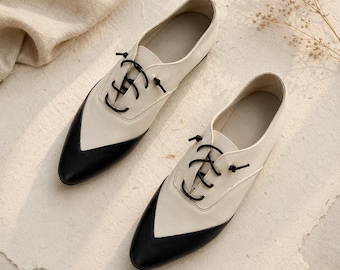 Pointed Toe Leather Flats for Women, Handmade Two Tone Cap Toe Shoes, Lace Up Ballet Flats, Cream Black Office Travel Shoes Gift for Her