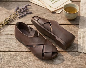 Braun gewebte Leder Wohnungen geschlossene Zehe Sommer Sandalen weiches Rindsleder Minimalist Huarache Stil handgemachte Cottagecore Schuhe für Frauen Reisen