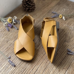 Puede incluir: Un par de sandalias de cuero color amarillo mostaza con un diseño de tiras cruzadas en el empeine, punta abierta y cierre de cremallera en la parte posterior. Las sandalias tienen un tacón bajo y un acabado liso con tiras anchas.