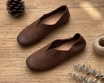 Minimalist Soft Genuine Leather Flats Women, Square Toe Slip On Shoes, V-Cut Pigskin Lined Loafers, Breathable Casual Work Travel Shoe
