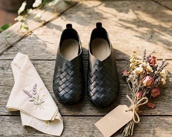 Bailarinas de piel tejida para mujer, zapatos de piel de vaca suave con punta redonda, bailarinas vintage hechas a mano, zapatos para caminar y desplazarse a diario.