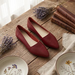 May include: A pair of deep red pointed-toe flats with a smooth finish and a light-coloured interior lining. The shoes feature a simple slip-on design with a low profile and a closed heel, showcasing a clean silhouette without any visible hardware or straps.
