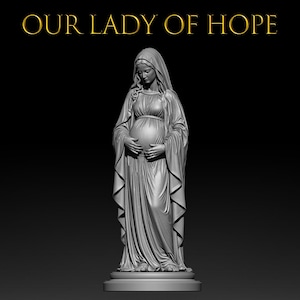 May include: A grey monochromatic statue of a pregnant woman wearing a draped robe and head covering, with hands resting on the abdomen. The text OUR LADY OF HOPE is displayed in gold lettering above the figure, set against a solid black background.