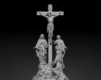 May include: A grey monochromatic sculpture titled CRUCIFIXION OF JESUS CHRIST, featuring a central cross with a figure of Jesus, flanked by two standing figures and one kneeling figure on a rocky base with an ornate, decorative pedestal.