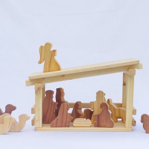 Nativity Set with Pine Stable and 15 Redwood Figures, Nativity, Christmas, Jesus Christ Birth, Angels, Shepherds, Wise Men, Star, Donkey