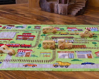 Cotton Train Play Quilt with Pine Tesla, School Bus, Jeep Pickup, Train and Passenger Car.