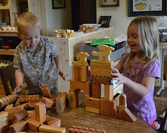 Castle Blocks with two Dragons, Redwood, Fortress, Heirloom Handmade