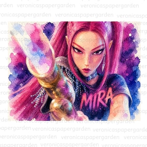 Può includere: Illustrazione ad acquerello di una donna con i capelli rosa e una maglietta nera con la scritta "MIRA". L'opera presenta una vibrante tavolozza di colori rosa, viola e blu, con un'estetica futuristica.