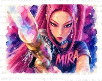Personaje Demon Huntrix PNG, Mira, cantantes de K-pop, PNG y JPG de películas, descarga digital, diseño de acuarela K-pop por sublimación, arte de pared
