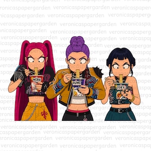 Può includere: Illustrazione di tre donne che mangiano ramen da tazze con le etichette "Mira", "Rumi" e "Zoey". Le donne hanno acconciature diverse e indossano vari abiti, tra cui top corti e giacche. L'immagine ha uno stile a cartone animato.