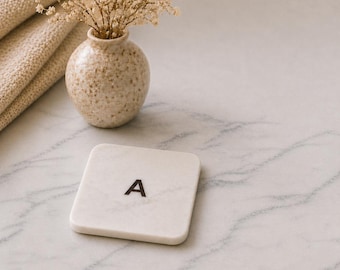 Personalized Marble Natural Stone Soap Dish with Brass Initial, Handmade Rajasthani Marble Soap Holder, Luxury Custom Letter Bathroom Decor