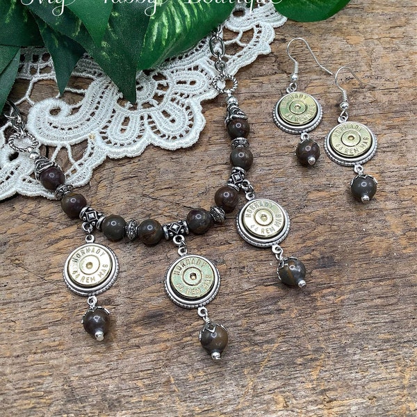 Bullet Necklace & Earrings SET 44 Magnum Bamboo Jasper Beadwork