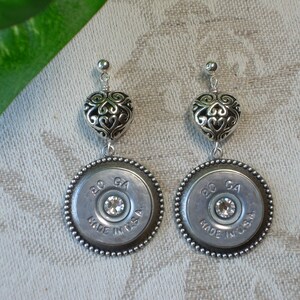 Shotgun Shell Jewelry ~ 20 Gauge Federal ~ Filigree Heart Swarovski Crystal Earrings ~ Made in USA