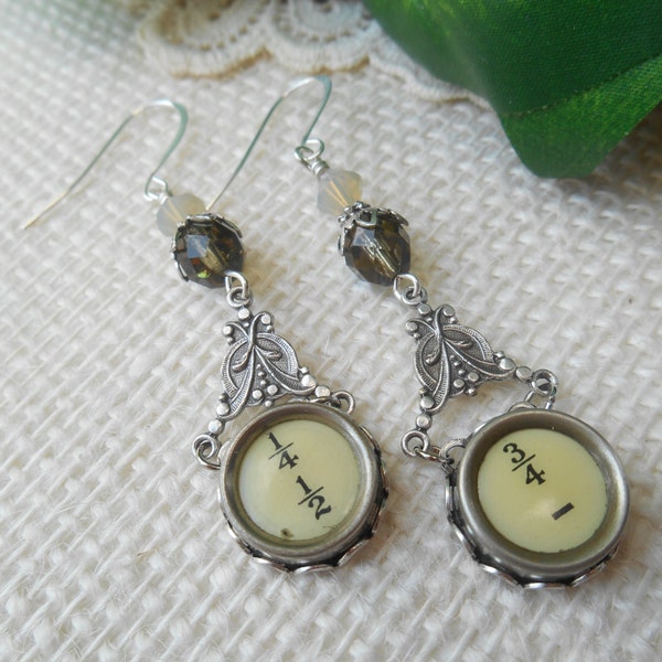 Typewriter Key Earrings ~ Fraction Keys ~ Smoky Grey Amber Beadwork ~ Teacher Accountant Earrings