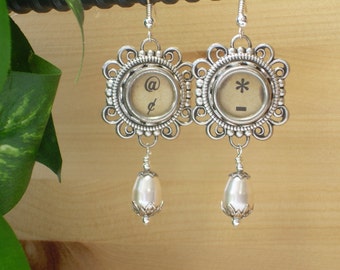 Typewriter Key Earrings ~ Punctuation Keys ~ Teardrop Pearls