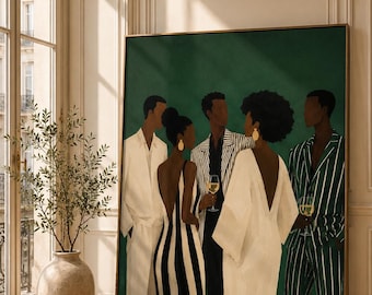 May include: A large rectangular framed painting depicting five individuals in formal attire against a deep green background. The figures wear white, black, and green striped clothing, with two people holding wine glasses, all rendered in a stylized manner.