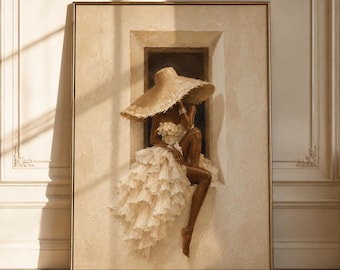 May include: A framed oil painting depicting a figure with dark skin sitting in a window frame, wearing a large straw hat and a tiered, ruffled cream-colored dress. The artwork features textured beige walls and a dark window recess in a neutral palette.