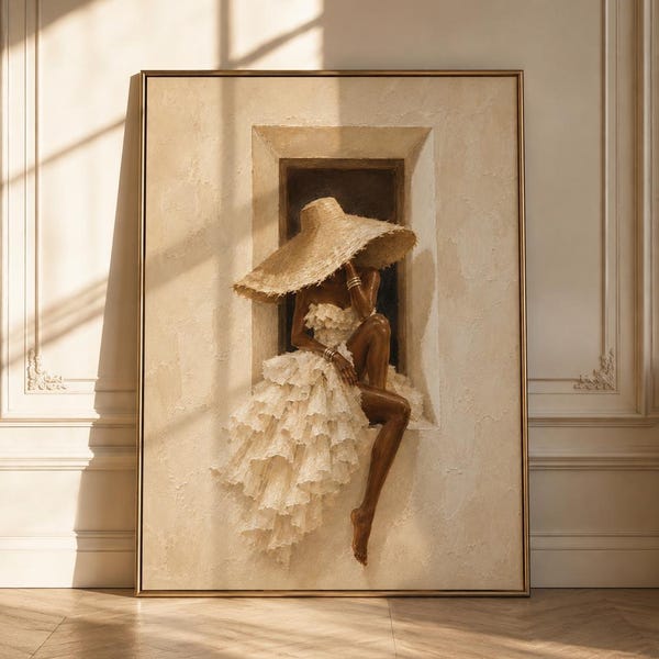 Elegant Black Woman Wall Art Print, Neutral Afrocentric Fashion Poster