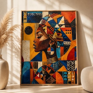 May include: A framed abstract portrait of a woman in profile, with a vibrant mix of colours and geometric patterns. The artwork depicts a woman with dark skin, wearing a head wrap and jewellery. The colour palette includes orange, blue, yellow, and brown.