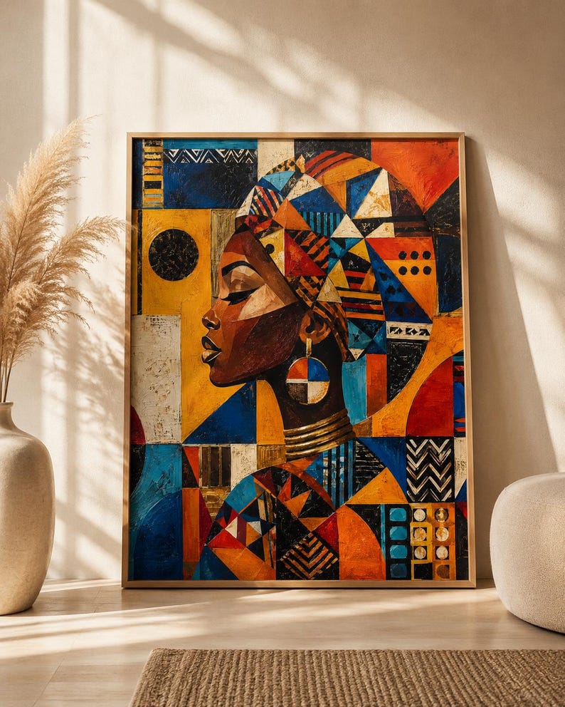 May include: A framed abstract portrait of a woman in profile, with a vibrant mix of colours and geometric patterns. The artwork depicts a woman with dark skin, wearing a head wrap and jewellery. The colour palette includes orange, blue, yellow, and brown.