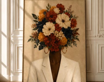 May include: A framed wall art print depicting a person with dark skin wearing a white blazer and large gold hoop earrings. Instead of a head, the figure features a dense, vibrant bouquet of red, white, yellow, and dark blue flowers.