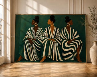 May include: A large rectangular framed wall art print featuring three individuals with dark skin and hair styled in high buns. They wear matching floor-length kaftans with bold dark green and white vertical stripes and large gold hoop earrings.