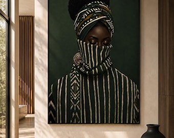 May include: A framed wall art print featuring a portrait of a person with dark skin wearing a dark green and gold patterned headwrap and a matching high-neck garment that covers the lower face. The person has a large circular earring on one side.