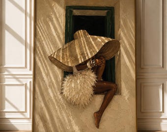 Black Woman Wall Art, Textured African Painting, Boho Neutral Decor, Luxury Minimalist Print