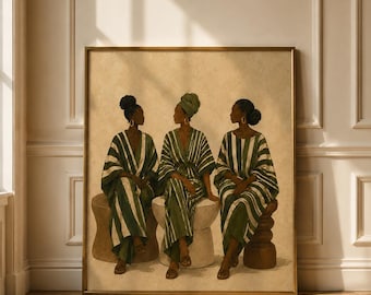 May include: A framed wall art print depicting three individuals seated on stools, wearing matching green and white vertical striped kaftans. The figures are positioned against a neutral beige background, with one individual wearing a matching headwrap.