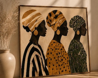 May include: A rectangular framed wall art print featuring three figures in profile, each wearing a headwrap and gold earrings. The first figure wears a black and white striped garment, the second a yellow polka-dot top, and the third a green patterned dress.