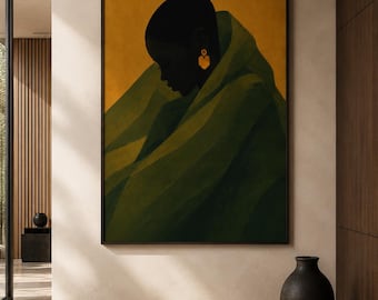 Könnte beinhalten: Ein rechteckiger Wandkunstdruck, der eine dunkelhäutige Figur im Profil zeigt, gehüllt in ein fließendes dunkelgrünes Gewand vor einem einfarbigen senfgelben Hintergrund. Die Figur trägt einen einzelnen goldenen geometrischen Ohrring.
