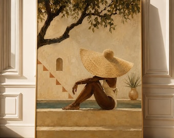 Black Woman Poolside Art Print, Mediterranean Coastal Painting, Afrocentric Summer Artwork