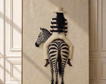 Zebra Rider Wall Art, Minimalist Safari Painting, Neutral Beige Decor, Contemporary Poster