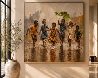 African Children Playing in Rain Wall Art Print, Joyful Childhood Painting, African Village Decor