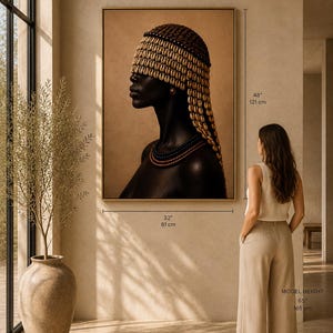 May include: A framed portrait print of a person in profile wearing a cowrie shell headpiece and layered beaded necklaces. The artwork measures 32 inches wide by 48 inches high, displayed on a wall next to a person who is 65 inches tall.