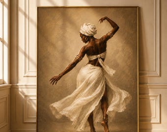 May include: A framed oil painting depicting a figure in a white headwrap and flowing white skirt, captured in a dynamic dancing pose. The figure wears gold-toned arm cuffs and an anklet, with their back turned, set against a neutral beige background.