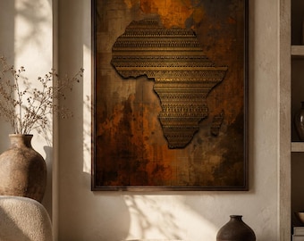 Africa Map Wall Art, Amber Bronze Cultural Decor, Modern Home Print