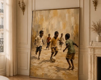 African Boys Playing Football Print, Textured Sports Wall Art