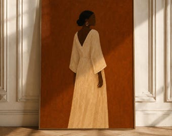 Black Woman Portrait Print, Burnt Orange Background, Cream Dress