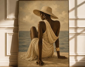 May include: A framed oil painting depicting a figure in a cream-colored draped dress and a wide-brimmed straw hat sitting by the sea. The figure wears a gold hoop earring and a wide gold cuff bracelet, with the ocean and a cloudy sky in the background.